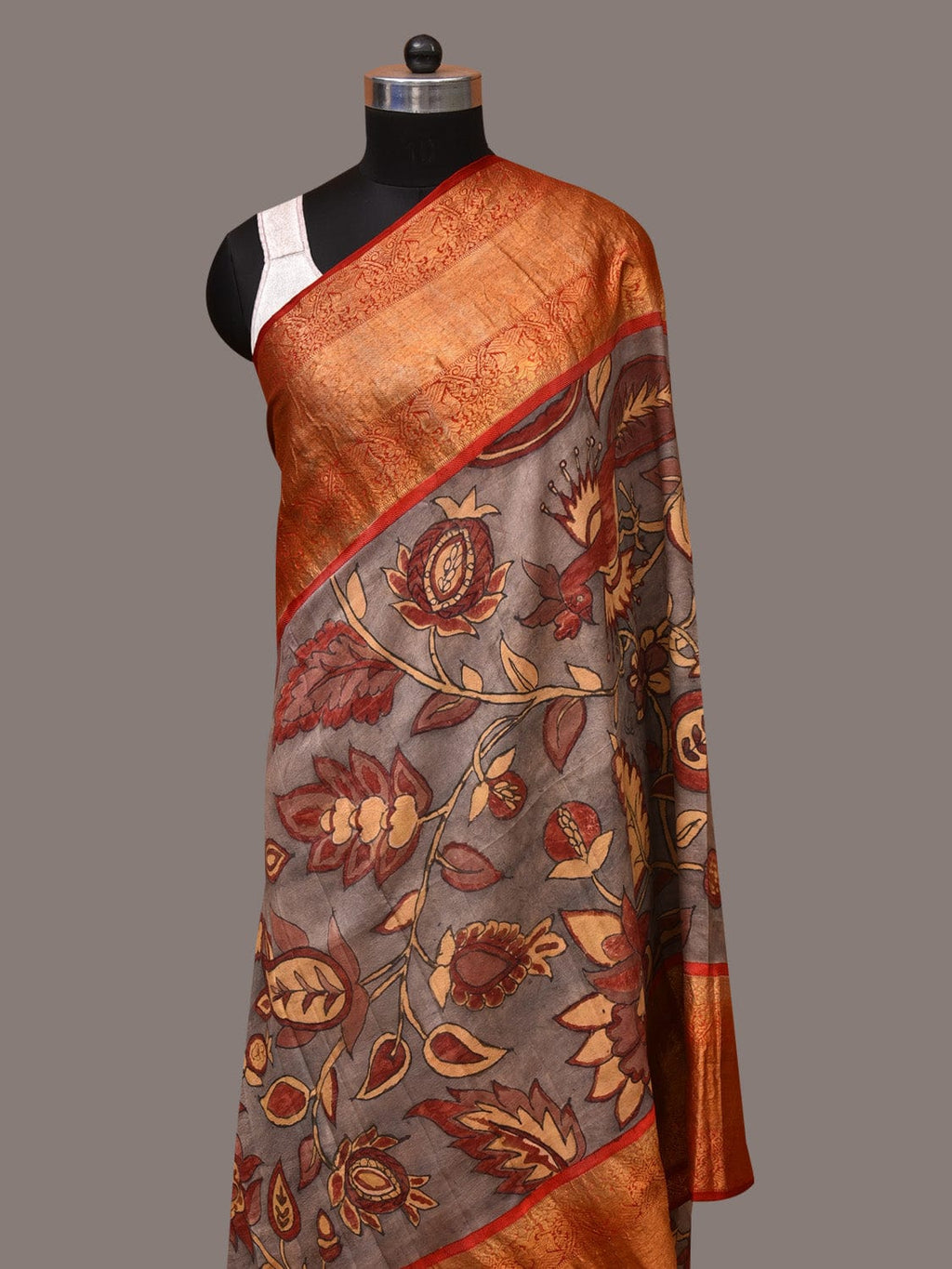 Green and Red Kalamkari Hand Painted Kanchipuram Silk Handloom Dupatta with Floral Design - Global Threads | Grocsy