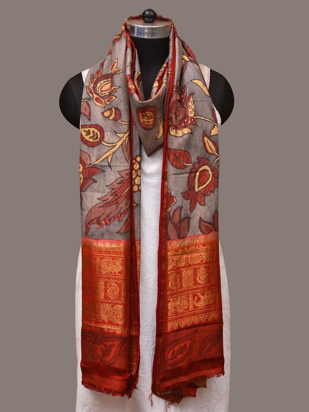 Green and Red Kalamkari Hand Painted Kanchipuram Silk Handloom Dupatta with Floral Design - Global Threads | Grocsy