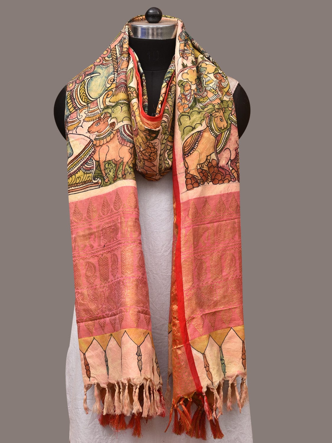Green and Red Kalamkari Hand Painted Kanchipuram Silk Handloom Dupatta with Krishna Design - Global Threads | Grocsy