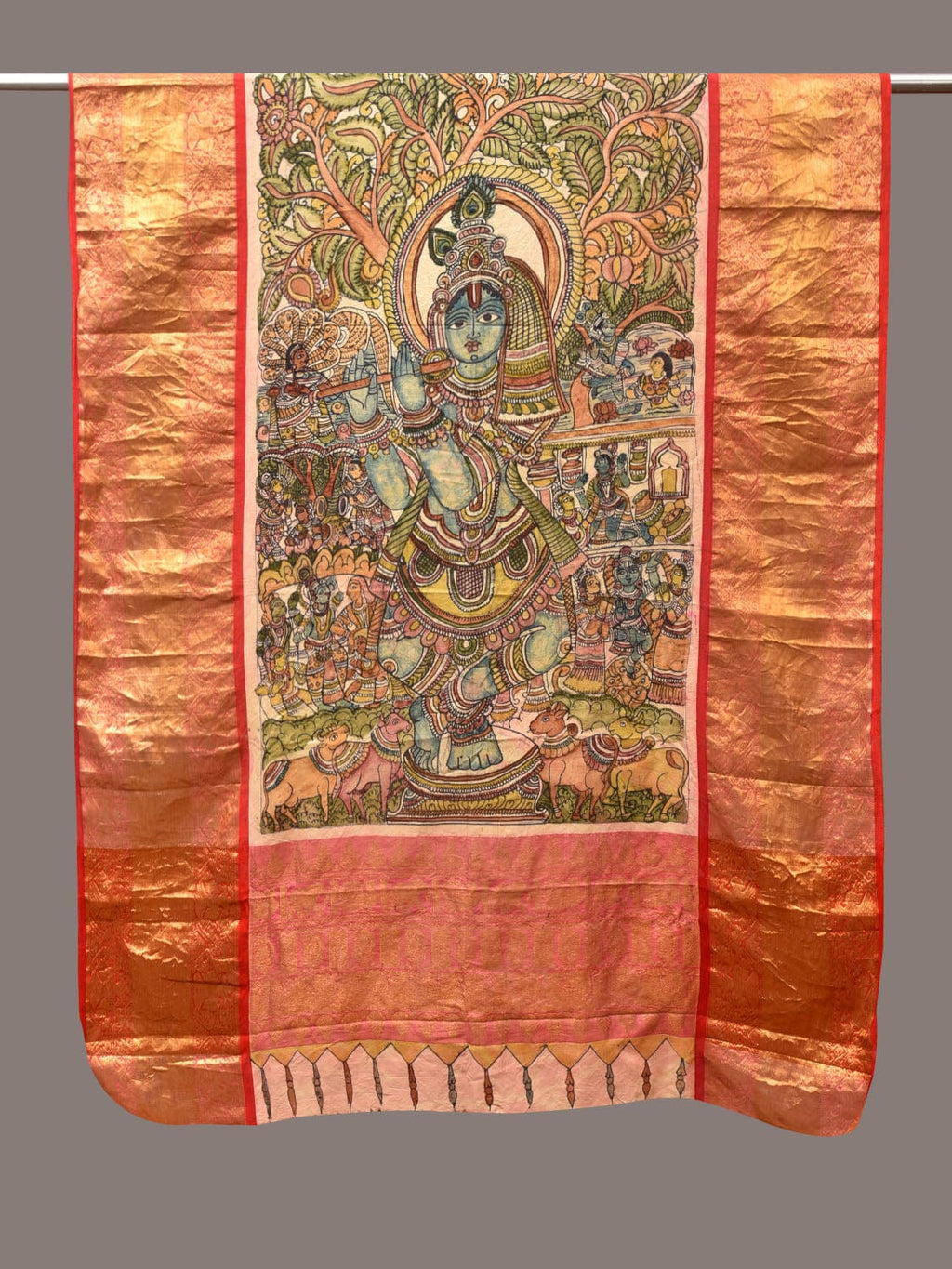 Green and Red Kalamkari Hand Painted Kanchipuram Silk Handloom Dupatta with Krishna Design - Global Threads | Grocsy