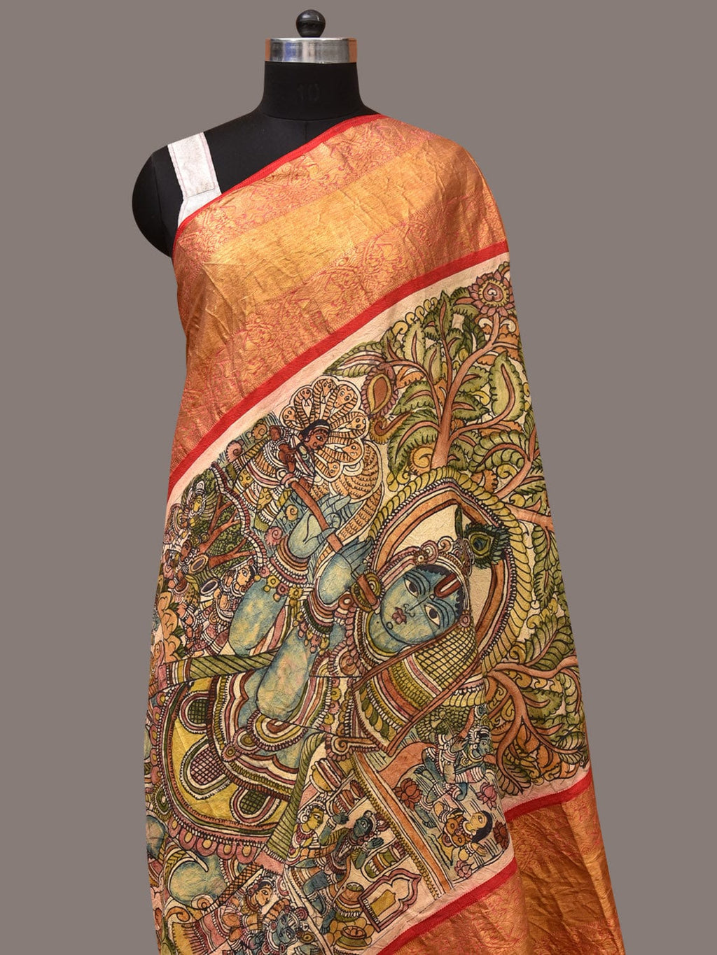 Green and Red Kalamkari Hand Painted Kanchipuram Silk Handloom Dupatta with Krishna Design - Global Threads | Grocsy