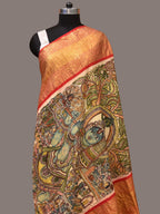 Green and Red Kalamkari Hand Painted Kanchipuram Silk Handloom Dupatta with Krishna Design - Global Threads | Grocsy