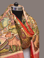 Green and Red Kalamkari Hand Painted Kanchipuram Silk Handloom Dupatta with Krishna Design - Global Threads | Grocsy