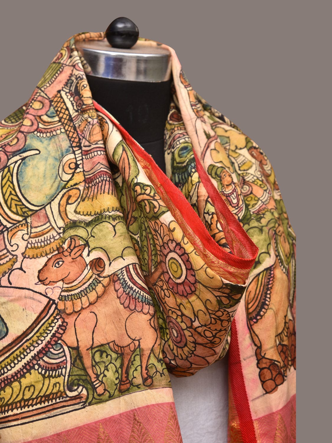 Green and Red Kalamkari Hand Painted Kanchipuram Silk Handloom Dupatta with Krishna Design - Global Threads | Grocsy