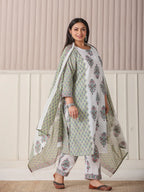 Yufta Green And White Hand Embroidery Cotton Plus Size Kurta Dupatta Set | Grocsy
