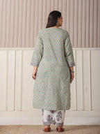 Yufta Green And White Hand Embroidery Cotton Plus Size Kurta Dupatta Set | Grocsy