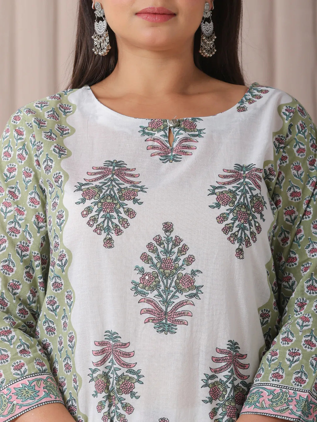 Yufta Green And White Hand Embroidery Cotton Plus Size Kurta Dupatta Set | Grocsy