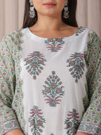 Yufta Green And White Hand Embroidery Cotton Plus Size Kurta Dupatta Set | Grocsy