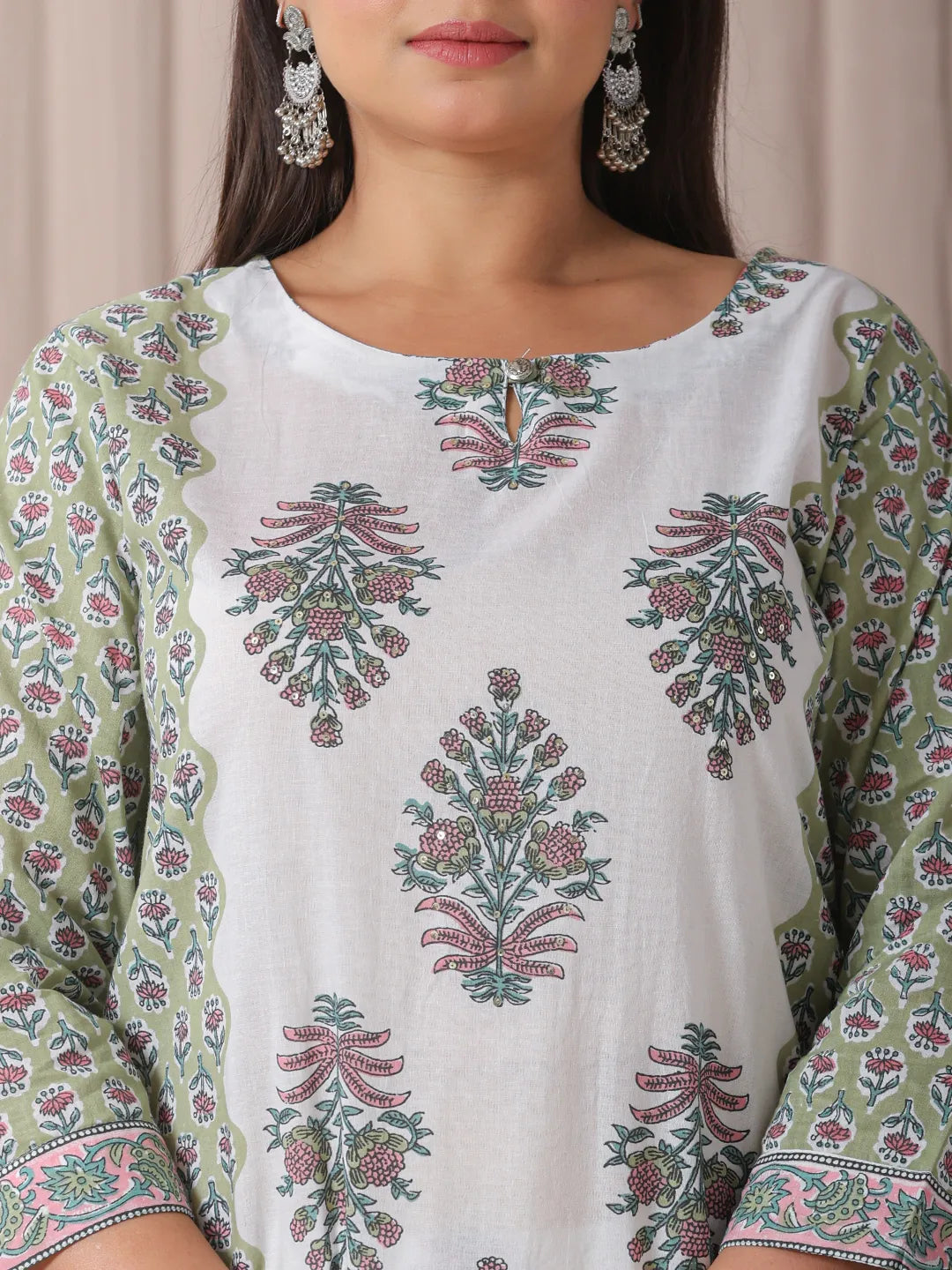 Yufta Green And White Hand Embroidery Cotton Plus Size Kurta Dupatta Set | Grocsy