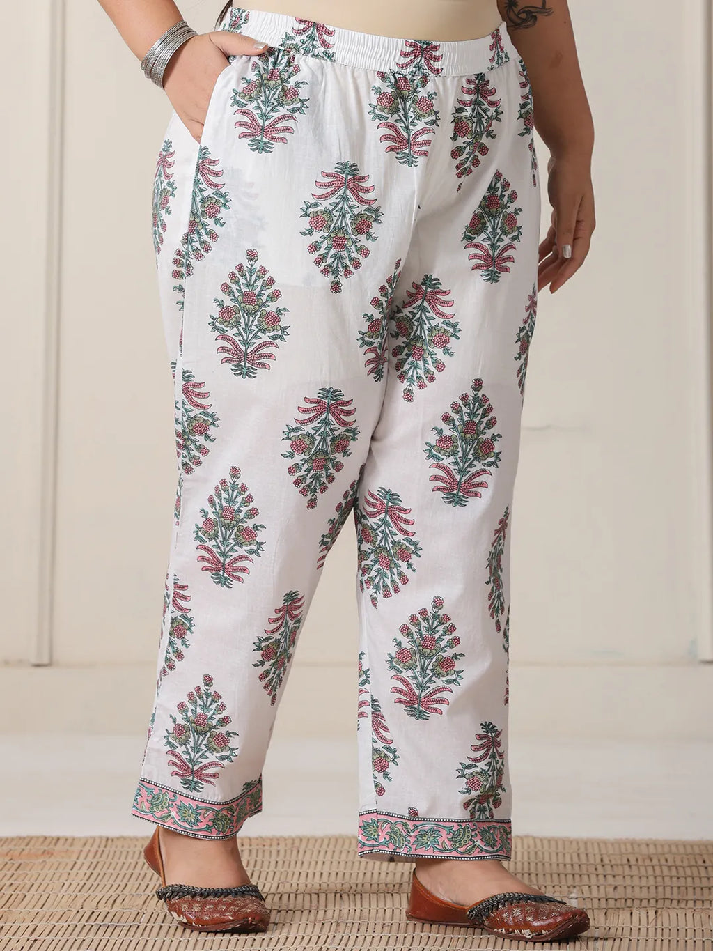 Yufta Green And White Hand Embroidery Cotton Plus Size Kurta Dupatta Set | Grocsy
