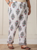 Yufta Green And White Hand Embroidery Cotton Plus Size Kurta Dupatta Set | Grocsy