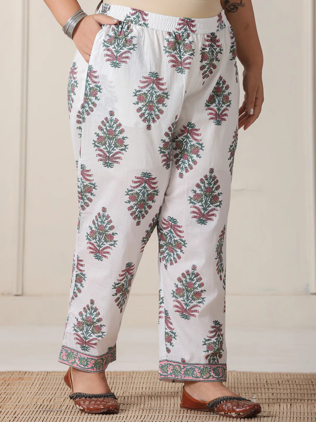 Yufta Green And White Hand Embroidery Cotton Plus Size Kurta Dupatta Set | Grocsy