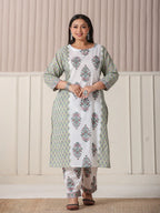 Yufta Green And White Hand Embroidery Cotton Plus Size Kurta Dupatta Set | Grocsy