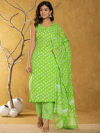 Yufta Green Bandhani Cotton Straight Kurta Trouser & Dupatta Set | Grocsy