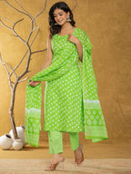 Yufta Green Bandhani Cotton Straight Kurta Trouser & Dupatta Set | Grocsy
