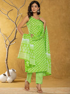 Yufta Green Bandhani Cotton Straight Kurta Trouser & Dupatta Set | Grocsy