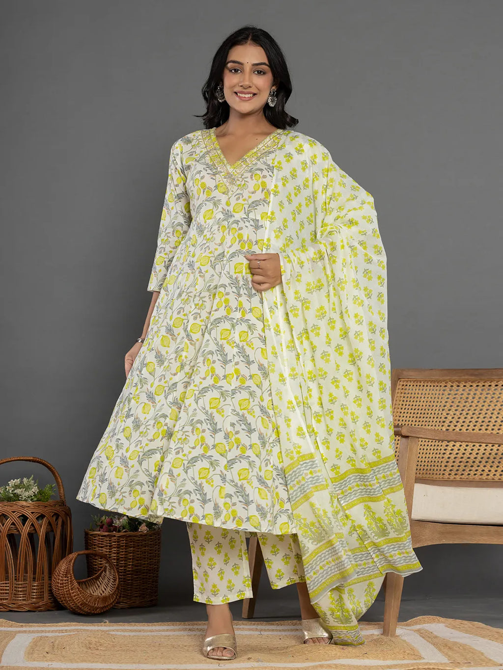 Yufta Green Beads & Stones Cotton Anarkali Kurta Dupatta Pant Set | Grocsy