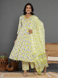 Yufta Green Beads & Stones Cotton Anarkali Kurta Dupatta Pant Set | Grocsy