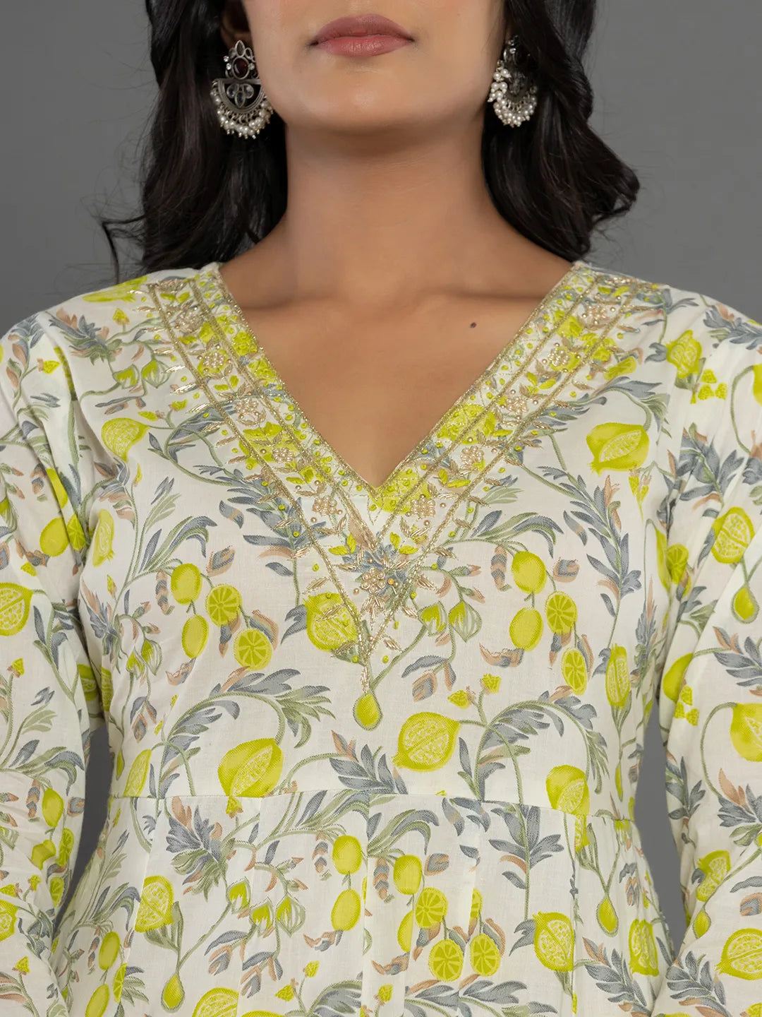 Yufta Green Beads & Stones Cotton Anarkali Kurta Dupatta Pant Set | Grocsy