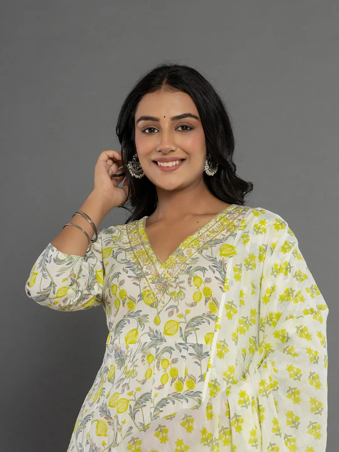 Yufta Green Beads & Stones Cotton Anarkali Kurta Dupatta Pant Set | Grocsy
