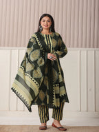 Yufta Green Block Print Cotton Lace Work Plus Size Kurta Set With Pant & Dupatta | Grocsy
