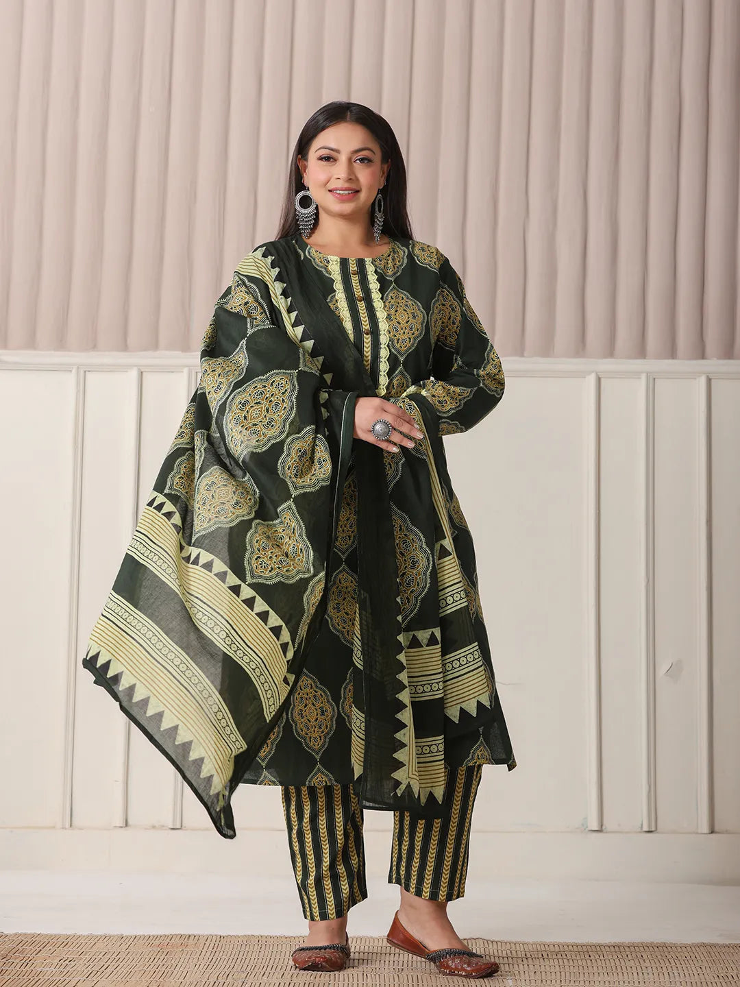 Yufta Green Block Print Cotton Lace Work Plus Size Kurta Set With Pant & Dupatta | Grocsy