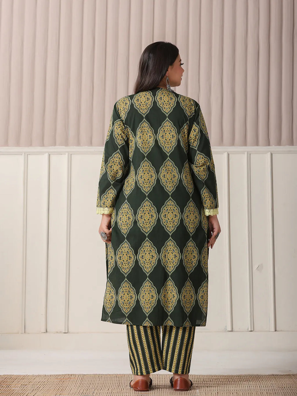 Yufta Green Block Print Cotton Lace Work Plus Size Kurta Set With Pant & Dupatta | Grocsy