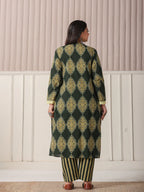 Yufta Green Block Print Cotton Lace Work Plus Size Kurta Set With Pant & Dupatta | Grocsy