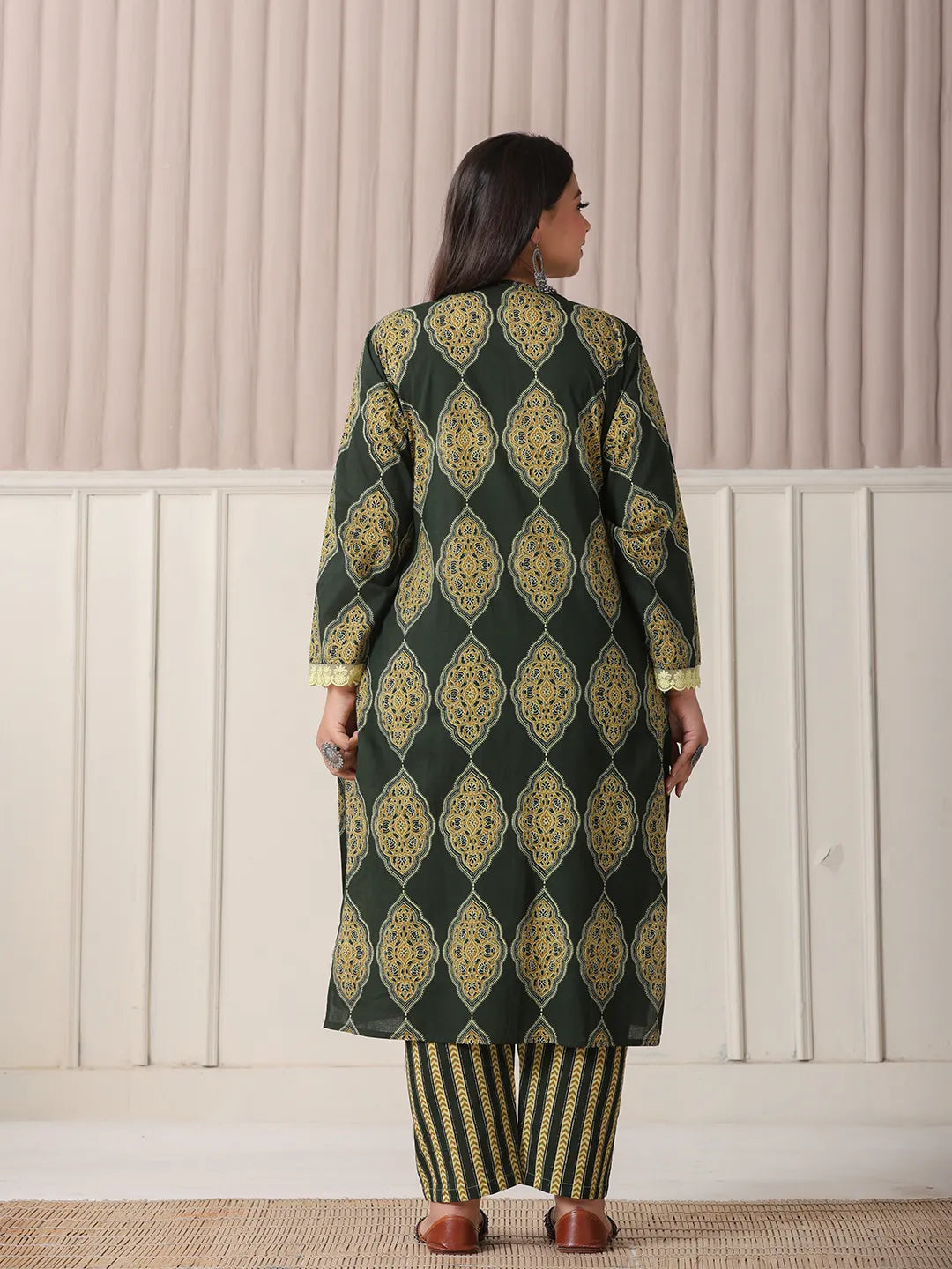 Yufta Green Block Print Cotton Lace Work Plus Size Kurta Set With Pant & Dupatta | Grocsy
