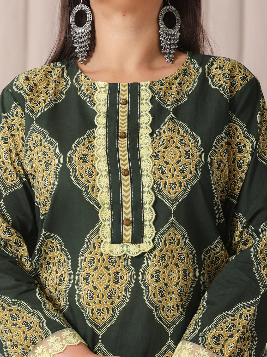 Yufta Green Block Print Cotton Lace Work Plus Size Kurta Set With Pant & Dupatta | Grocsy
