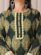 Yufta Green Block Print Cotton Lace Work Plus Size Kurta Set With Pant & Dupatta | Grocsy