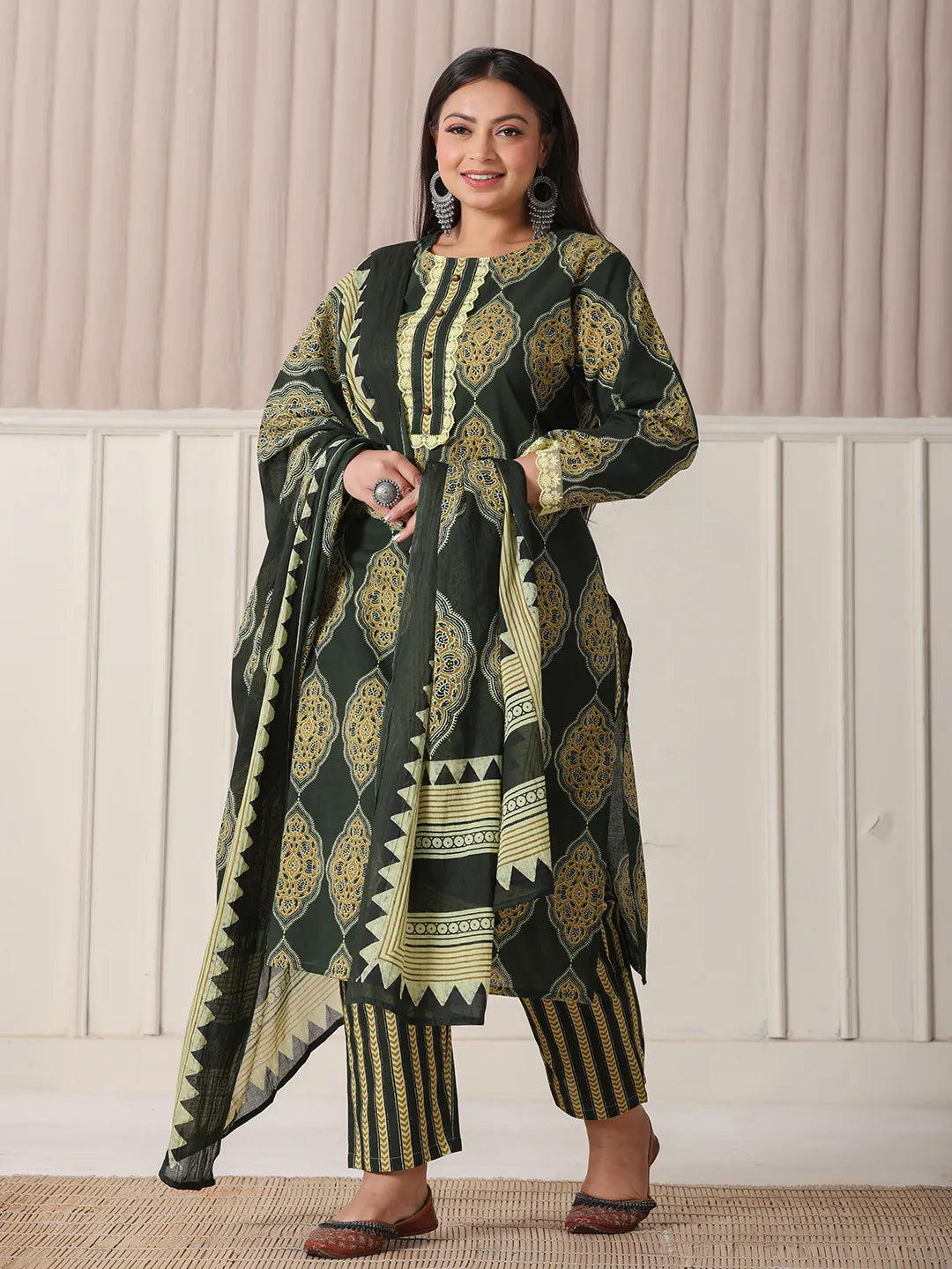 Yufta Green Block Print Cotton Lace Work Plus Size Kurta Set With Pant & Dupatta | Grocsy