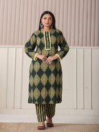 Yufta Green Block Print Cotton Lace Work Plus Size Kurta Set With Pant & Dupatta | Grocsy