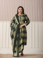 Yufta Green Block Print Cotton Lace Work Plus Size Kurta Set With Pant & Dupatta | Grocsy