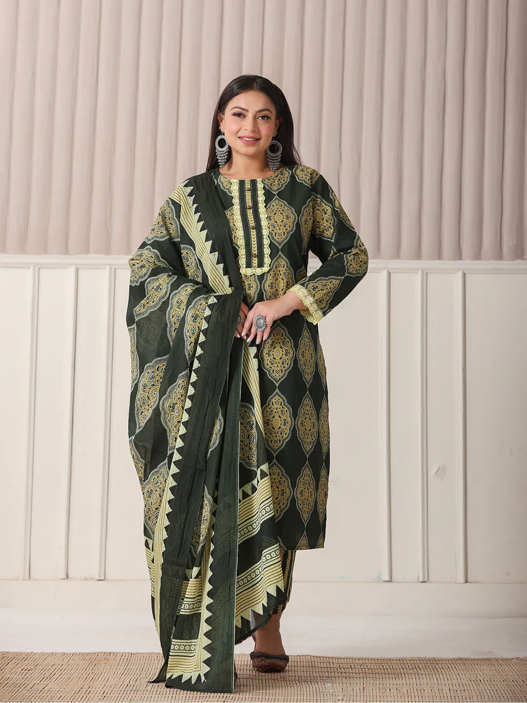 Yufta Green Block Print Cotton Lace Work Plus Size Kurta Set With Pant & Dupatta | Grocsy