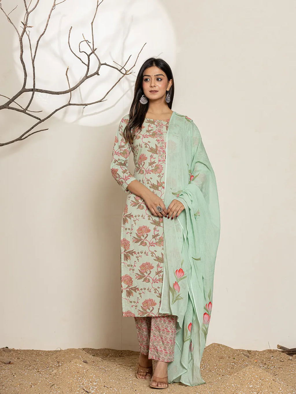 Yufta Green Cotton Floral Print Kurta Dupatta Set | Grocsy