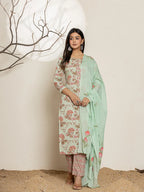 Yufta Green Cotton Floral Print Kurta Dupatta Set | Grocsy