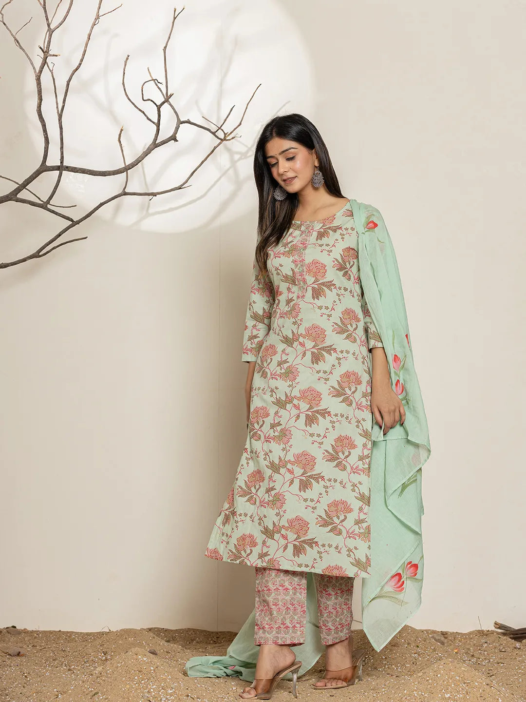 Yufta Green Cotton Floral Print Kurta Dupatta Set | Grocsy