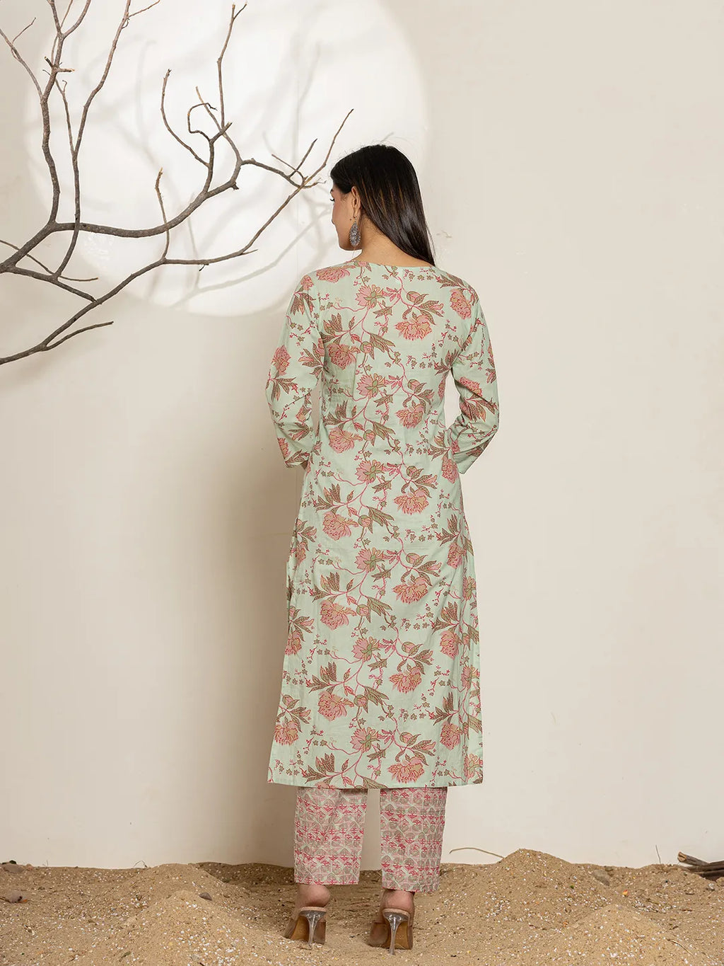 Yufta Green Cotton Floral Print Kurta Dupatta Set | Grocsy