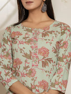 Yufta Green Cotton Floral Print Kurta Dupatta Set | Grocsy