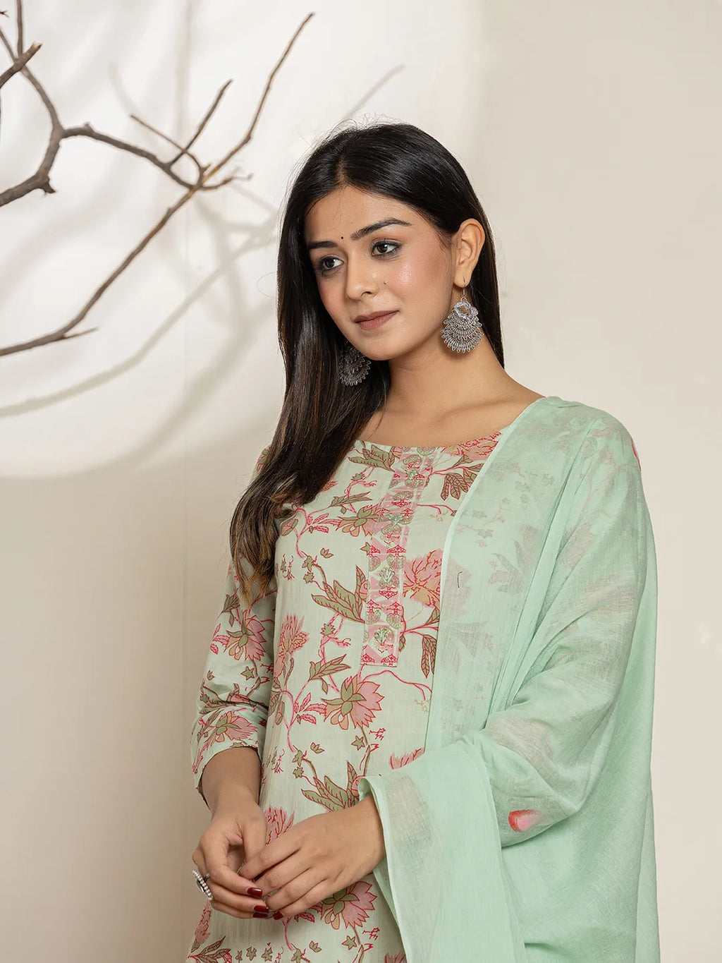 Yufta Green Cotton Floral Print Kurta Dupatta Set | Grocsy