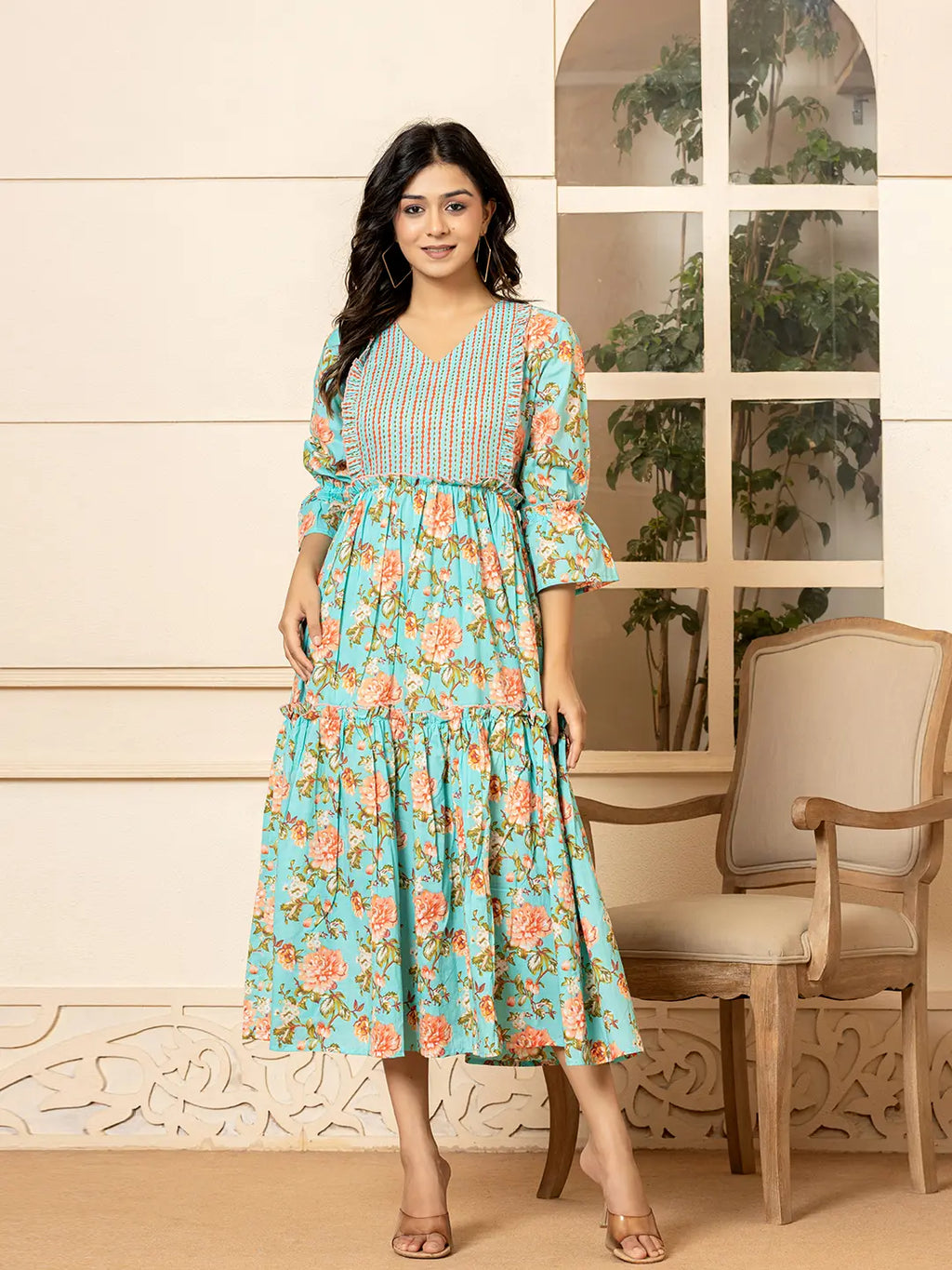 Yufta Teal Green Cotton Floral Print Tiered Dress With Ruffles | Grocsy