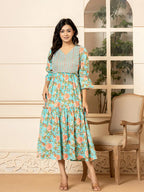 Yufta Teal Green Cotton Floral Print Tiered Dress With Ruffles | Grocsy