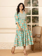 Yufta Teal Green Cotton Floral Print Tiered Dress With Ruffles | Grocsy