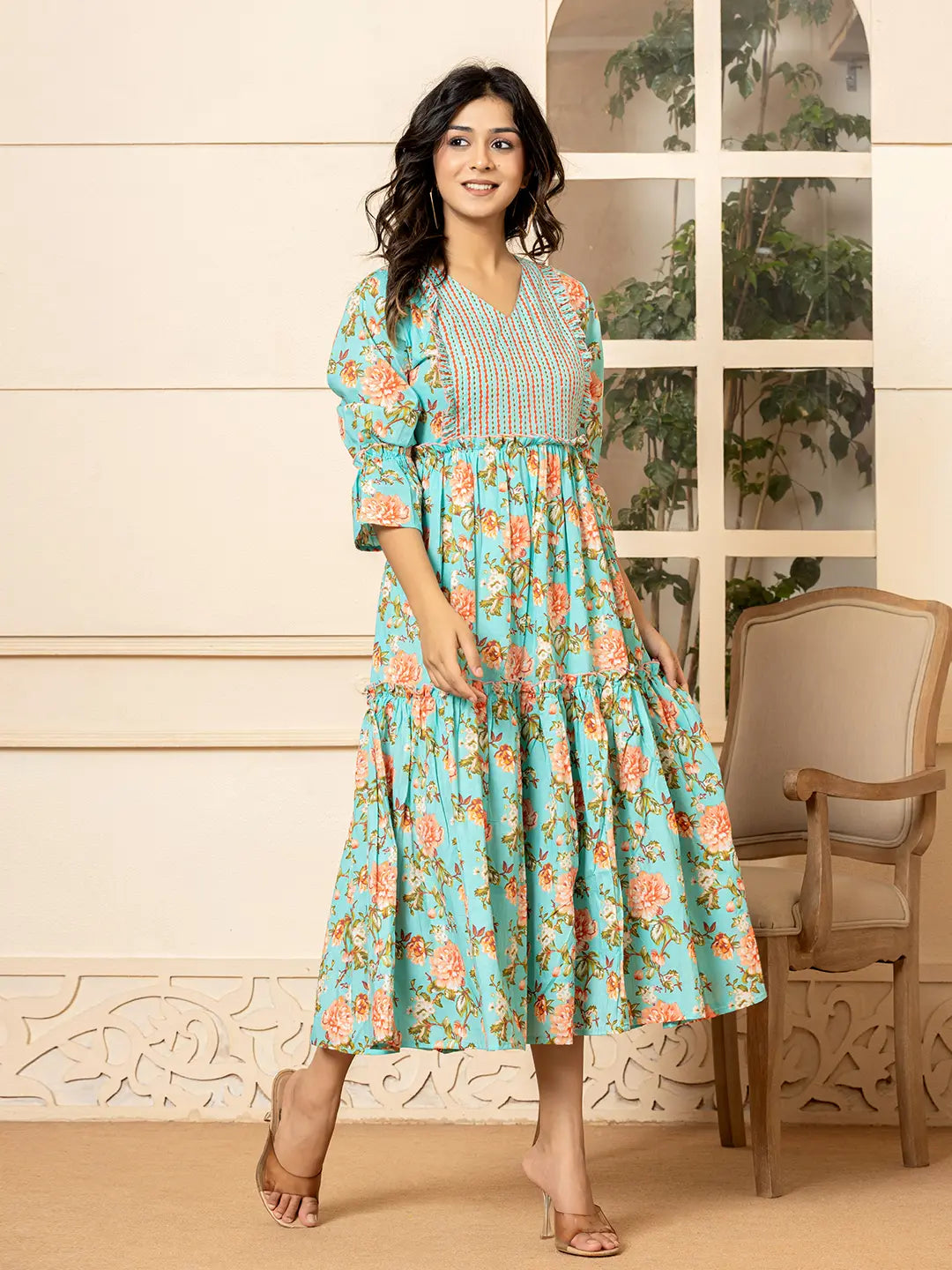 Yufta Teal Green Cotton Floral Print Tiered Dress With Ruffles | Grocsy
