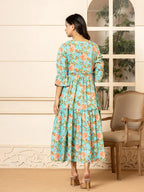 Yufta Teal Green Cotton Floral Print Tiered Dress With Ruffles | Grocsy