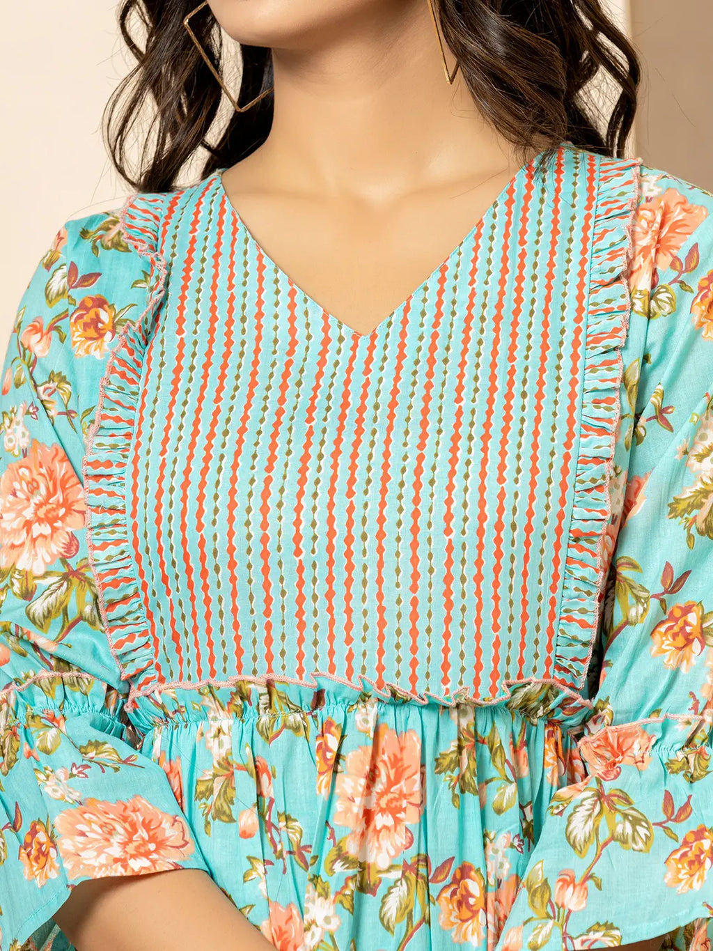 Yufta Teal Green Cotton Floral Print Tiered Dress With Ruffles | Grocsy