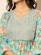 Yufta Teal Green Cotton Floral Print Tiered Dress With Ruffles | Grocsy