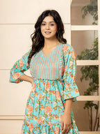 Yufta Teal Green Cotton Floral Print Tiered Dress With Ruffles | Grocsy
