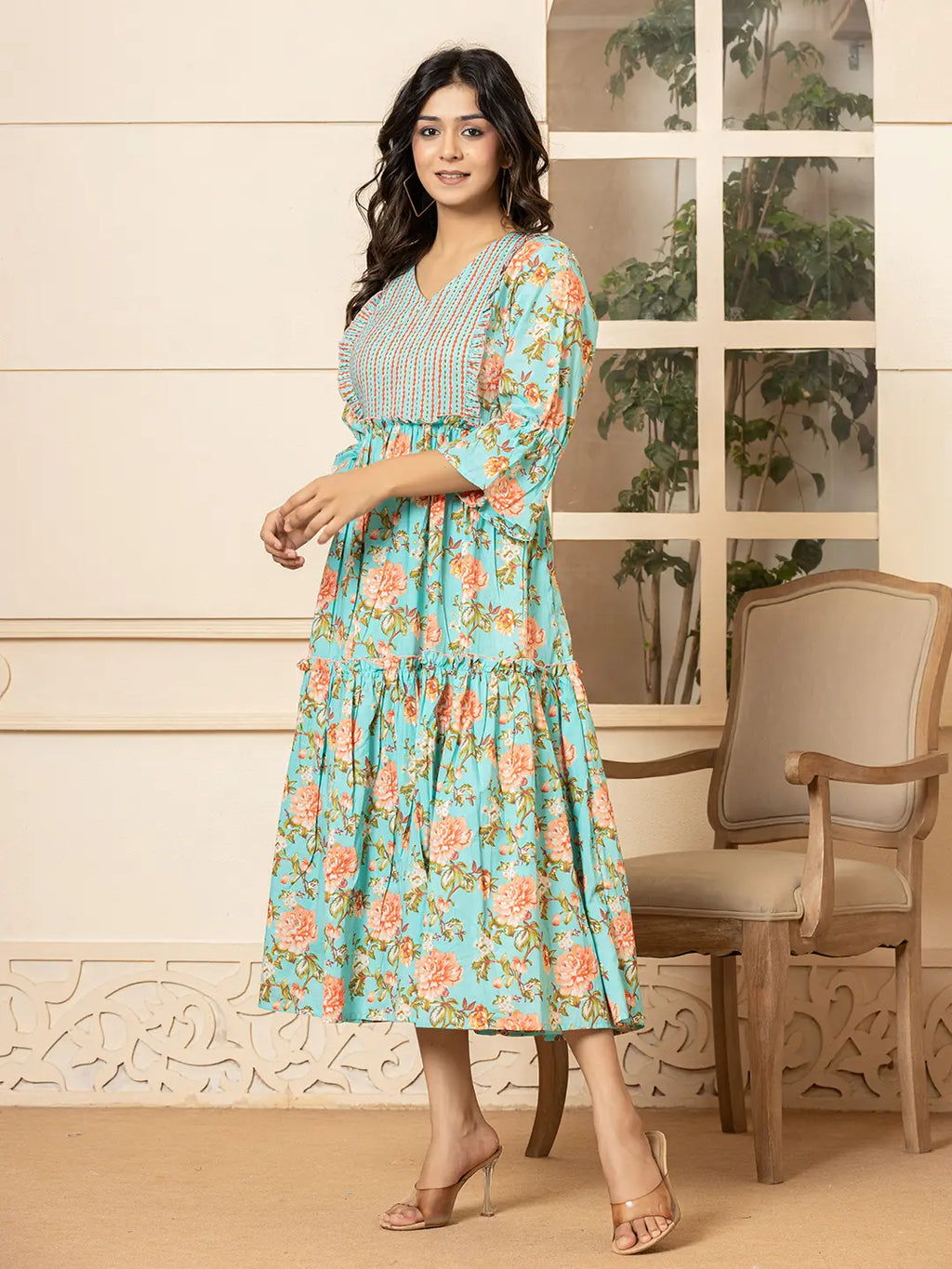 Yufta Teal Green Cotton Floral Print Tiered Dress With Ruffles | Grocsy